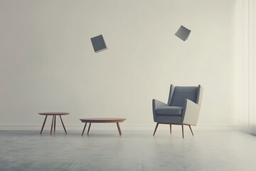 Modern white armchair with wooden legs in an empty light-filled room