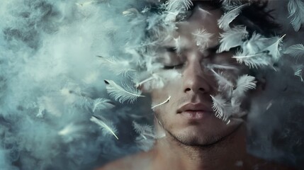   A man with eyes shut in white feathers surrounds him; feathers float above his head in portraiture