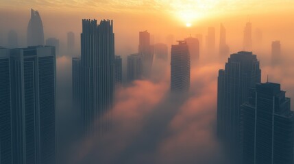 Fototapeta premium Dubai Skyscrapers in Fog. AI generated illustration