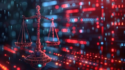 Digital law concept with law scales on data center background 