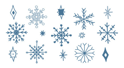 A set of vector snowflakes and ice cubes hand-drawn isolated on a white background