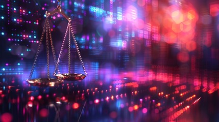 Digital law concept. Law scales at data center. Abstract banner 