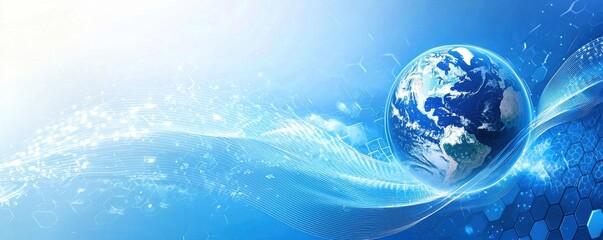  background with blue and white wavy lines featuring a globe and hexagonal patterns in a digital technology theme