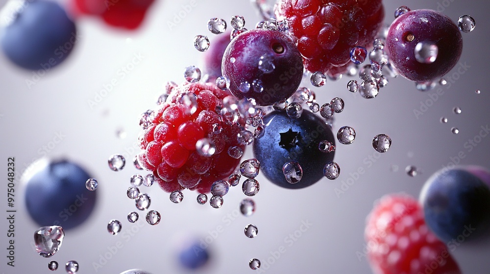 Sticker   Red, white, and blue berries float in the air with water droplets beneath them Blueberries are also visible at the bottom