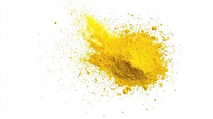 Bright yellow powder explosion creating a vibrant cloud of particles against a stark white background.