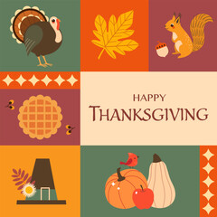 Thanksgiving square greeting card. Vector template for banner, card, poster, packaging, paper bag