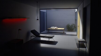   A dimly lit room featuring a chair, table, and plant centered in the space