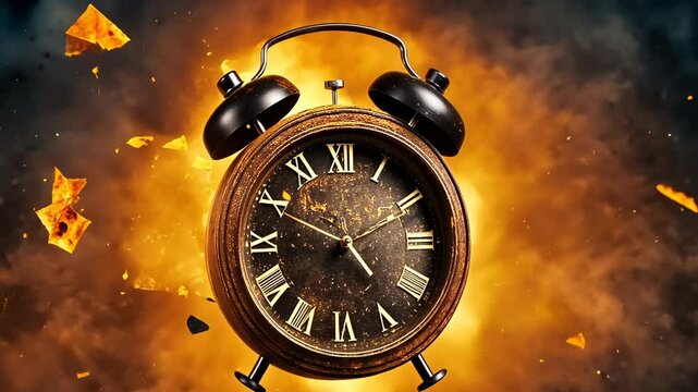An antique clock is caught in a fiery explosion, with flames and debris surrounding it. The timepiece, with its Roman numerals, is seen disintegrating amidst the chaos, symbolizing destruction.