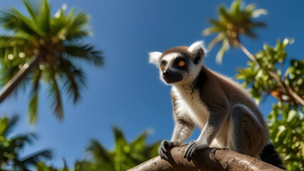 Obraz premium A curious lemur sitting on a tree branch in a tropical jungle, with vibrant green leaves and a bright blue sky in the background.