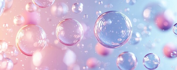 Colorful transparent bubbles floating against a soft pastel gradient background creating a whimsical and dreamy atmosphere