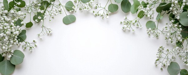 Elegant white wedding table background with baby's breath and eucalyptus leaves for a delicate and romantic setting