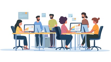 A team of diverse office workers collaborate at their desks using computers.