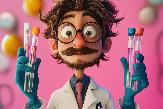 Caricature illustration of a quirky scientist in a lab coat holding test tubes with vibrant liquids on a colorful background - Powered by Adobe