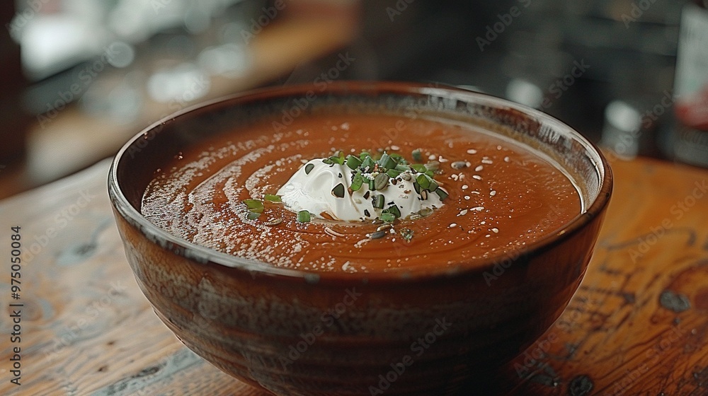 Poster   A close-up of a bowl of soup with sour cream and toppings