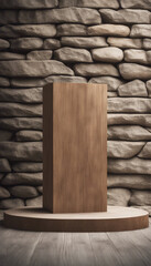 Empty wooden podium for product display on rough stone wall background vertical