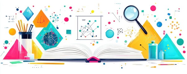 Colorful educational poster for the study of geometry with open book, magnifying glass, pencils, and geometric shapes in a vibrant abstract background