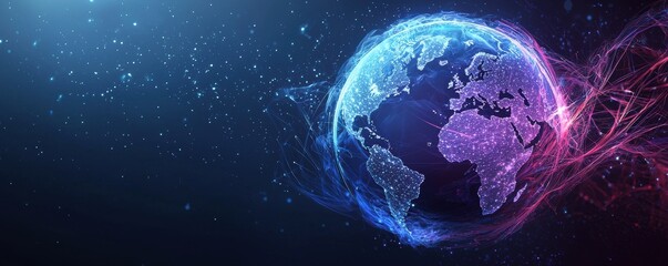 Digital world map icon design with illuminated continents and technological connections in a cosmic dark blue and pink atmosphere