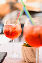 Italian Spritz Cocktail Red - Afternoon Cocktails in Perast, Bay of Kotor, Montenegro, glass,...