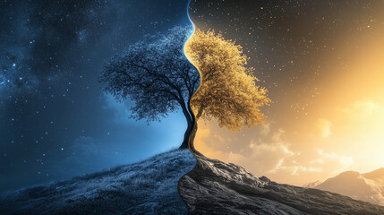 Cosmic Yin Yang Landscape with Tree Splitting Blue and Golden Skies