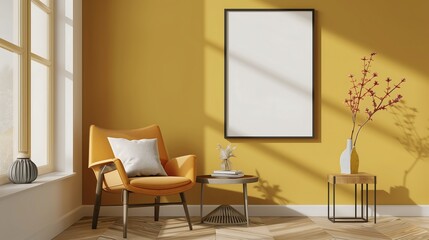 Minimalist living room interior design with yellow armchair, side table, empty frame on wall, and sunlight. Concept of home decoration, furniture, and modern style