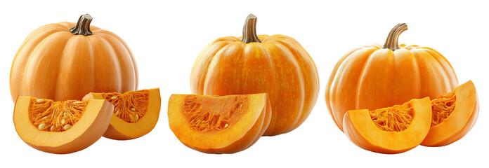 Whole and sliced pumpkins showing seeds and flesh isolated on transparent background