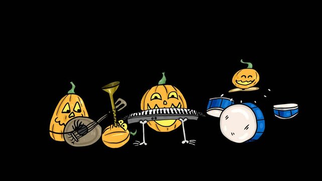 Funny pumpkins play musical instruments. Drawn animation with transparent background and alpha channel on Halloween theme