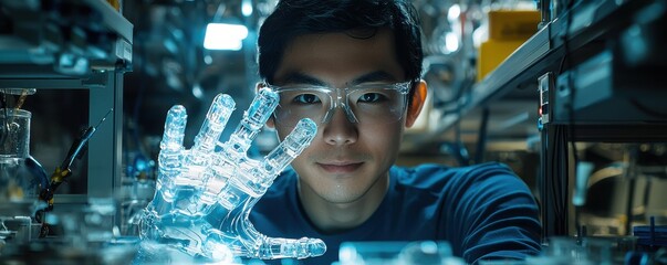 Innovative Asian male scientist working in a laboratory with a focus on futuristic technology and robotic research