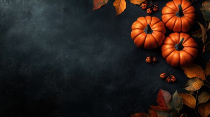 Three Halloween pumpkins with multicolored glow on a dark background. A picture with a place for text.