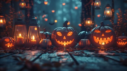 Obraz premium Spooky Halloween Jack o Lanterns with Glowing Candles in a Dark Forest