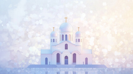 Fototapeta premium illustration of an Orthodox Church with an abstract background incorporating light shades of white, purple, and gray. The background should feature a mosaic style with geometric pa