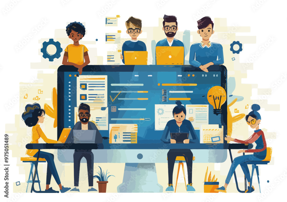Poster diverse web development team collaborating on large computer screen, minimalistic illustration highl