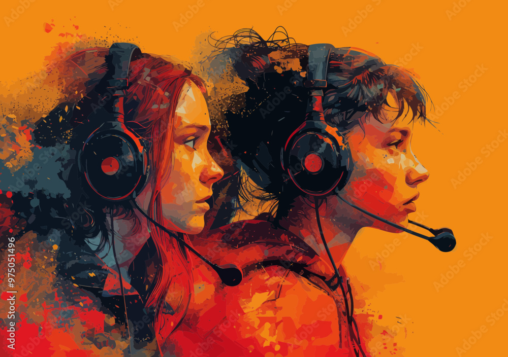 Aufkleber dynamic call center customer service representatives with headsets in vibrant abstract art style for