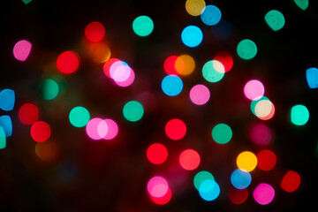 Colorful bokeh lights taken on a christmas tree. Blurred circle shapes background photography
