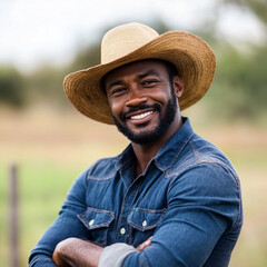 A young farmer wearing casual and straw hat is holding an electronic tablet in his hand