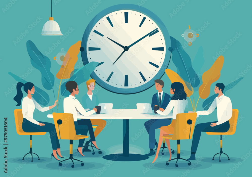 Poster team discussing deadline under time pressure in modern office setting with large clock and minimalis