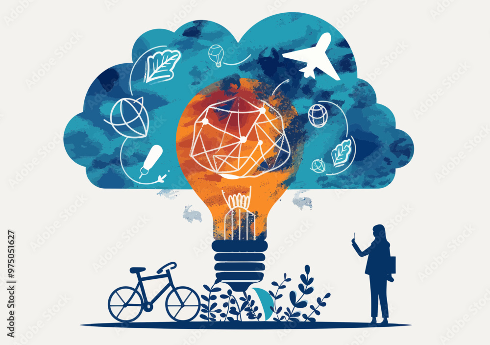 Poster silhouette of person pointing at lightbulb with concept icons and bicycle in background representing