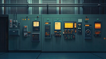Fototapeta premium Electric Control Cabinet in Factory. AI generated illustration