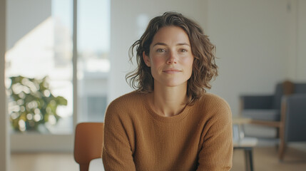 intimate documentary interview setup with the subject speaking thoughtfully into the camera, bathed in natural light. The background should be clean and minimalistic, focusing on t