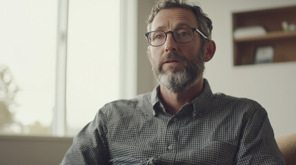 intimate documentary interview setup with the subject speaking thoughtfully into the camera, bathed in natural light. The background should be clean and minimalistic, focusing on t