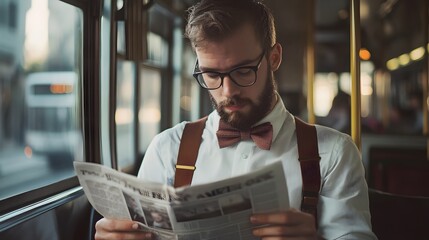 Bearded Man in a White Shirt and Suspenders Reading a Newspaper on a Bus