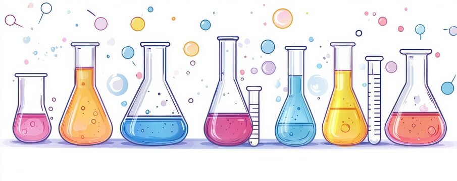 recommend clip art: Colorful clip art illustration of various scientific beakers and test tubes filled with vibrant liquids