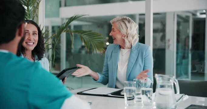 Nurse, handshake and meeting for hiring, onboarding and smile with partnership and clinic recruitment. Office, discussion and hospital director with healthcare, agreement and medical support deal