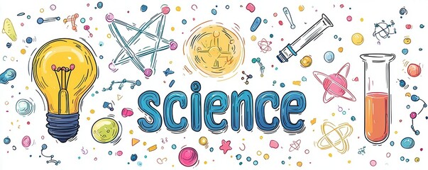 Vibrant illustration featuring the word science with colorful elements including a light bulb, test tube, and atomic symbols