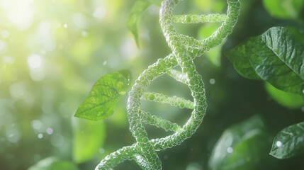 scene where DNA strands are seamlessly integrated into the structure of green, vitamin-enriched leaves. The DNA strands should appear to be part of the leaf veins, symbolizing adva