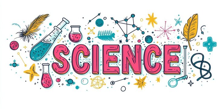 The word science illustrated in a vibrant  flat style with laboratory elements like test tubes, molecules, and scientific symbols