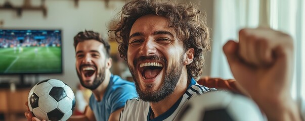 Three enthusiastic men of different ages celebrating while watching a soccer game on TV at home