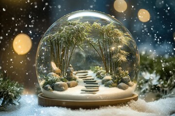 Chemin enneigé bordé de bambou et étang dans une boule à neige