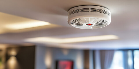 Closeup smoke detector fire alarm setup at hotel room ceiling, home safety device, copy space 