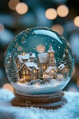 Village enneigé et éclairé avec église dans une boule à neige
