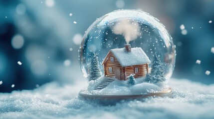 Cabane en bois enneigée dans une boule à neige avec sapins